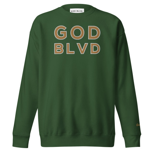 GOD BLVD - OG Logo - Forest Green Sweatshirt (Old Gold/White Embroidered)