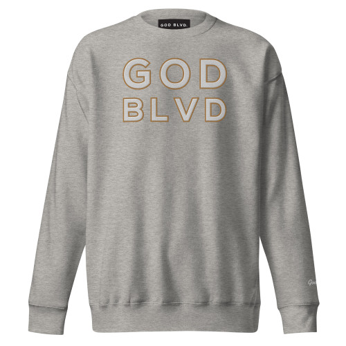 GOD BLVD - OG Logo - Carbon Grey Sweatshirt (White/Old Gold Embroidered)