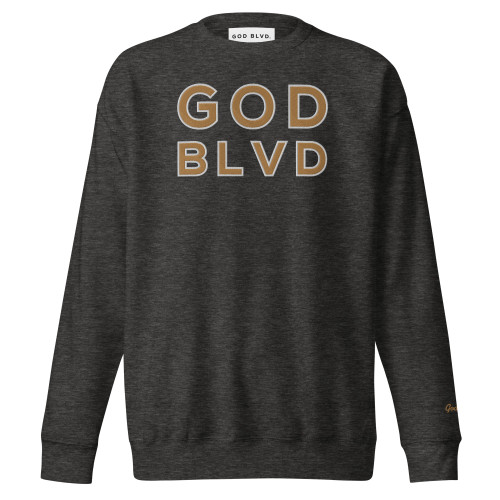 GOD BLVD - OG Logo - Charcoal Heather Sweatshirt (Old Gold/White Embroidered)