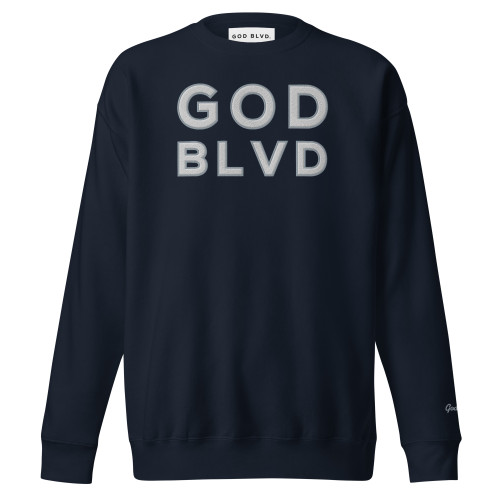 GOD BLVD - OG Logo - Navy Sweatshirt (White/Gray Embroidered)