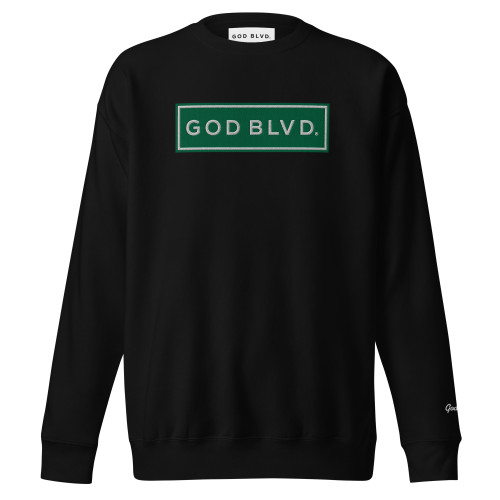 GOD BLVD - Embroidered Street Sign - Black - Premium Sweatshirt