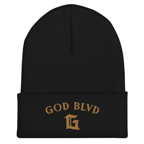 GOD BLVD - Arched G - Black Cuffed Beanie - Old Gold Embroidered