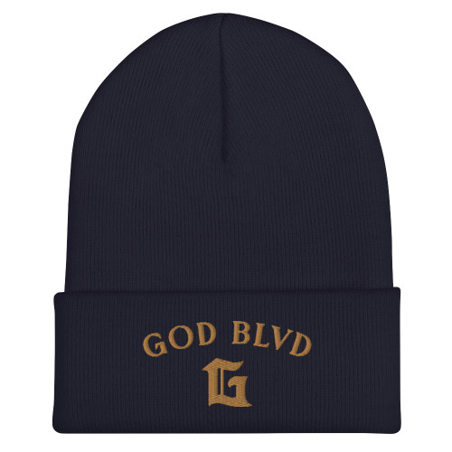 GOD BLVD - Arched G - Navy Cuffed Beanie - Old Gold Embroidered