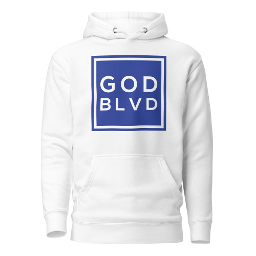 GOD BLVD - White Premium Hoodie - Blue Print