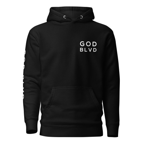 GOD BLVD - Black Premium Hoodie - White Print (Left Chest / Right Arm)