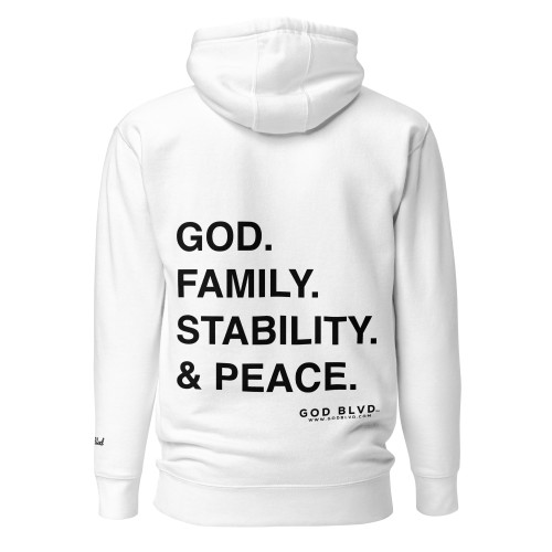 GOD BLVD - GFSP - White Hoodie (Front Embroidery - Back Print)