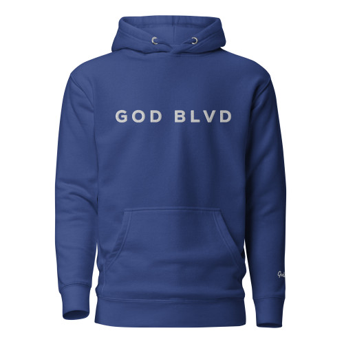 GOD BLVD - Straight Logo - Blue Premium Hoodie - White Embroidery