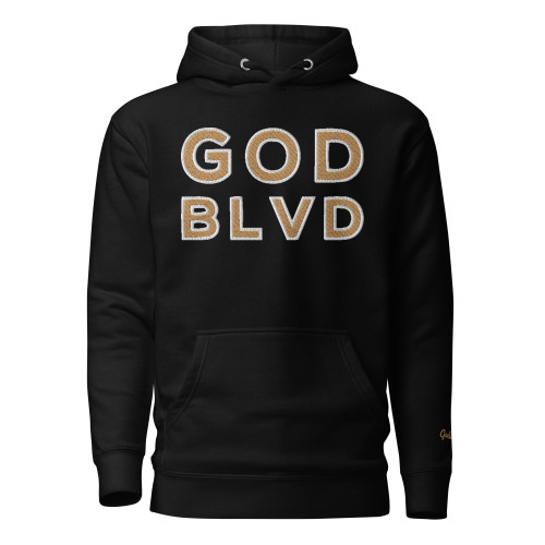 GOD BLVD - Embroidered OG Logo - Black Premium Hoodie (Old Gold/White)