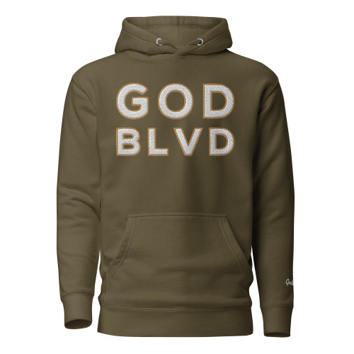 GOD BLVD - Embroidered OG Logo - Military Green Premium Hoodie (White/Old Gold)