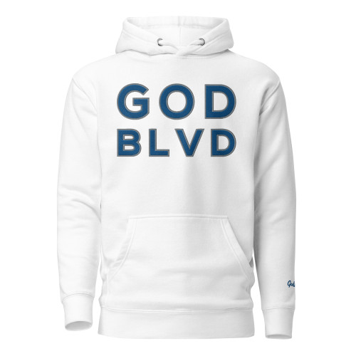 GOD BLVD - Embroidered OG Logo - White Premium Hoodie (Blue/Grey)