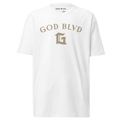 GOD BLVD - Arched with Capital G - White Premium Tee - Beige