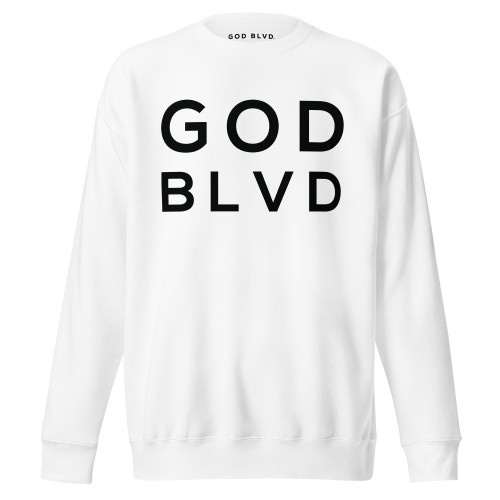 GOD BLVD - White Fleece Pullover (Black Logo)