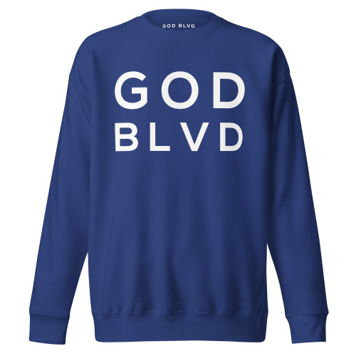 GOD BLVD - Fleece Pullover (White on Blue)