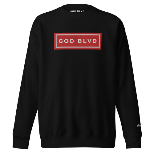 GOD BLVD - Red/White Embroidered Street Sign - Black Premium Sweatshirt