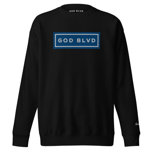 GOD BLVD - Blue/White Embroidered Street Sign - Black Premium Sweatshirt