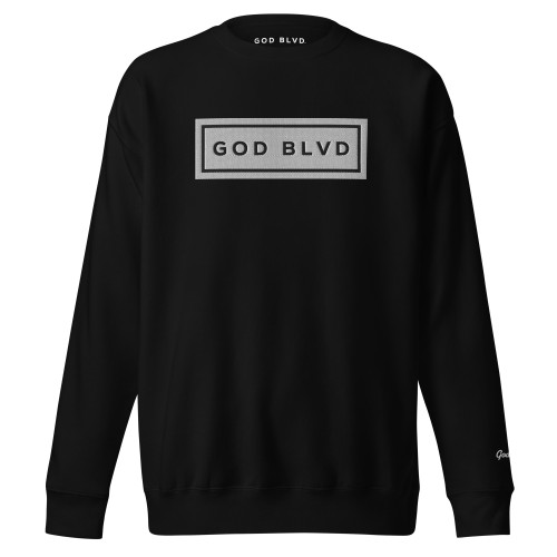 GOD BLVD - White/Black Embroidered Street Sign - Black Premium Sweatshirt