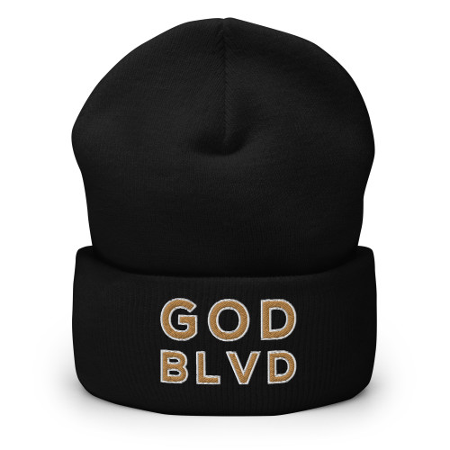 GOD BLVD - OG Logo - Black Cuffed Up Beanie - Old Gold/White Embroidery 