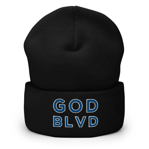 GOD BLVD - OG Logo - Black Cuffed Up Beanie - Blue/White Embroidered