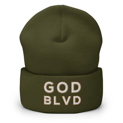 GOD BLVD - OG Logo - Olive Cuffed Up Beanie - White/Old Gold Embroidered