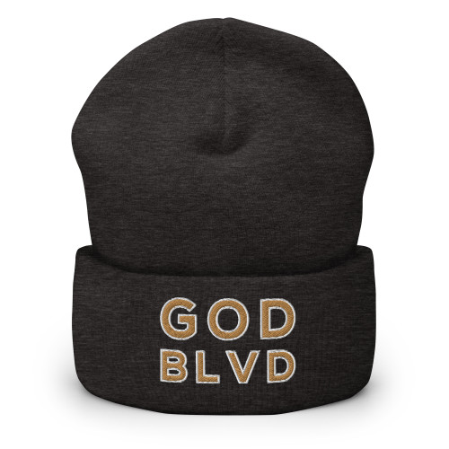 GOD BLVD - OG Logo - Dark Grey Cuffed Up Beanie - Old Gold/White Embroidered