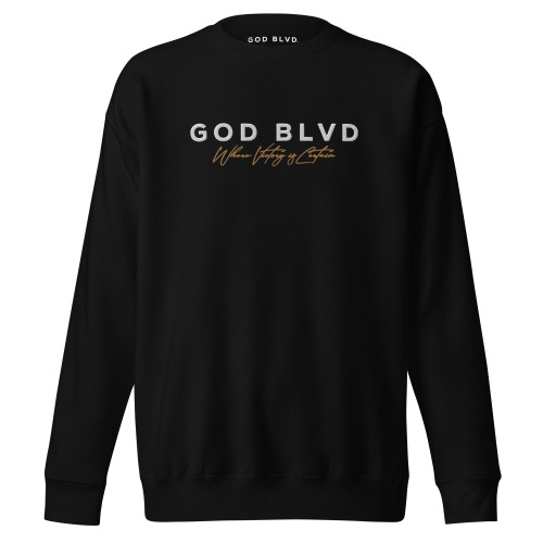 GOD BLVD - Black Premium Sweatshirt - Victory - White/Old Gold Embroidered