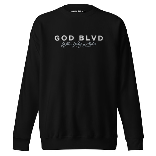 GOD BLVD - Black Premium Sweatshirt - Victory - White/Grey Embroidered 