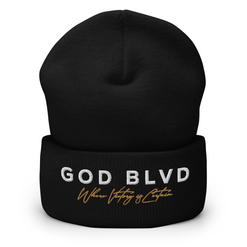 GOD BLVD - Victory - Black Cuffed Beanie - White/Old Gold Embroidered