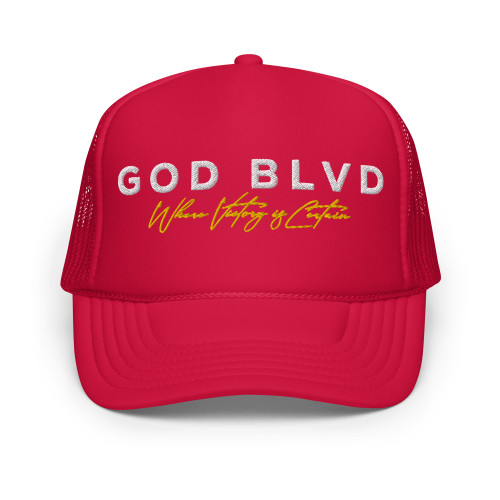 GOD BLVD - Victory - Red Foam Trucker Hat - White/Yellow Embroidered