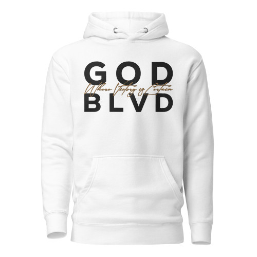 GOD BLVD - OG Logo - Where Victory is Certain - White Premium Hoodie - Black/Old Gold Embroidered