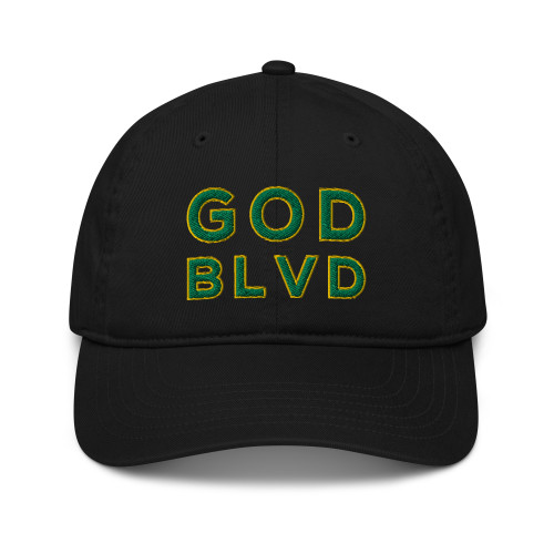 GOD BLVD - OG Logo - Black Organic Dad Hat - Kelly Green/Gold Embroidered