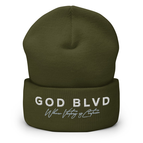GOD BLVD - Victory - Olive Green Cuffed Beanie - White/Grey Embroidered