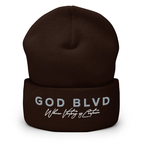 GOD BLVD - Victory - Brown Cuffed Beanie - Gray/White Embroidered