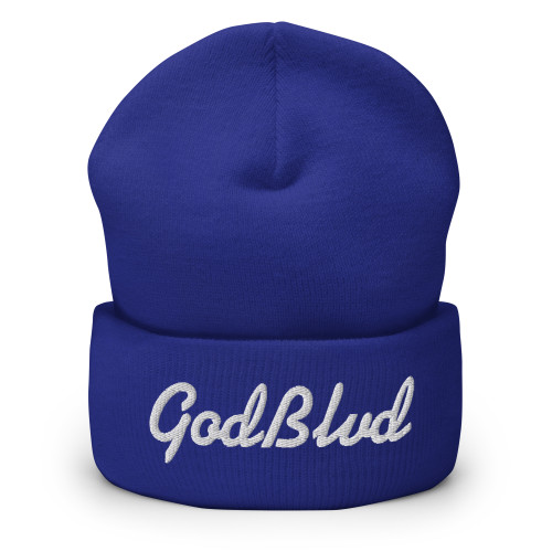 GOD BLVD - Cursive - Blue Cuffed Beanie - White Embroidered