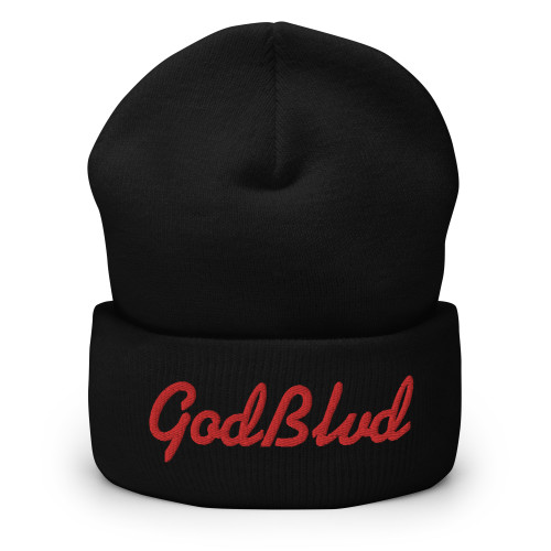 GOD BLVD - Cursive - Black Cuffed Beanie - Red Embroidered 