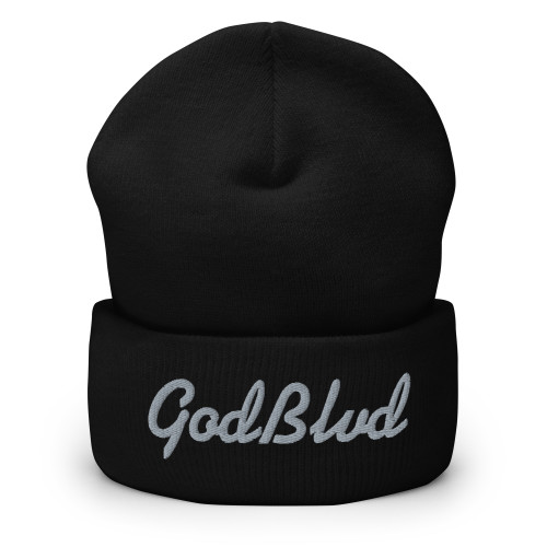 GOD BLVD - Cursive - Black Cuffed Beanie - Gray Embroidered 