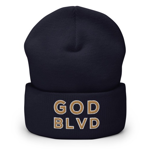 GOD BLVD - OG Logo - Navy Blue Cuffed Up Beanie - Old Gold/White Embroidered 