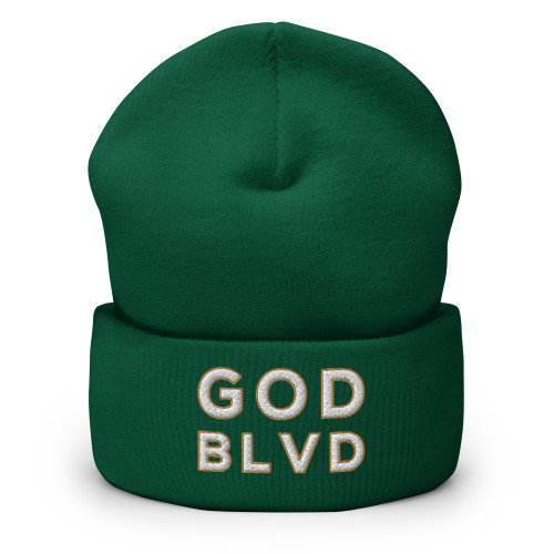 GOD BLVD - OG Logo - Spruce Green Cuffed Up Beanie - White/Old Gold Embroidered