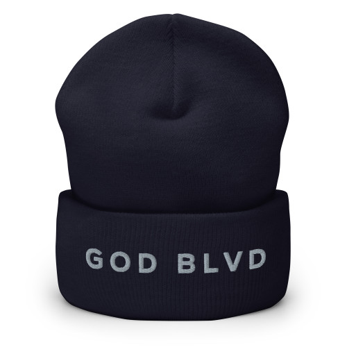 GOD BLVD - Straight Logo - Navy Cuffed Up Beanie - Grey Embroidery 