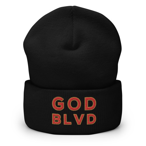 GOD BLVD - OG Logo - Black Cuffed Up Beanie - Red/Old Gold Embroidered