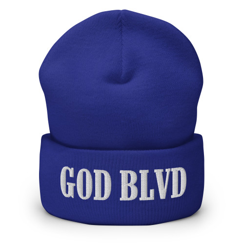 GOD BLVD - All Capital - Blue Cuffed Up Beanie - White Embroidered