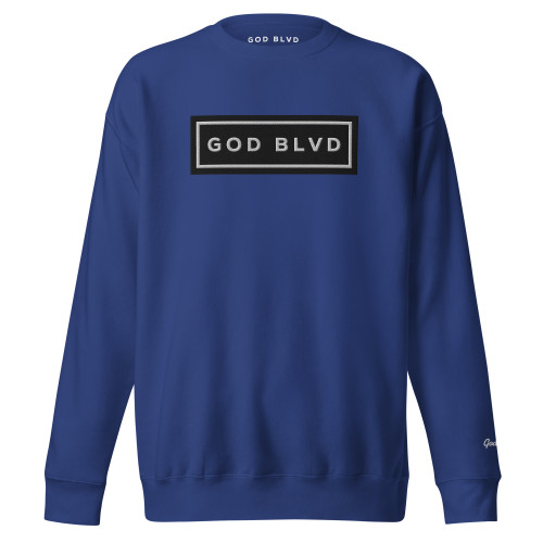 GOD BLVD - Black/White Embroidered Sign - Blue Premium Sweatshirt