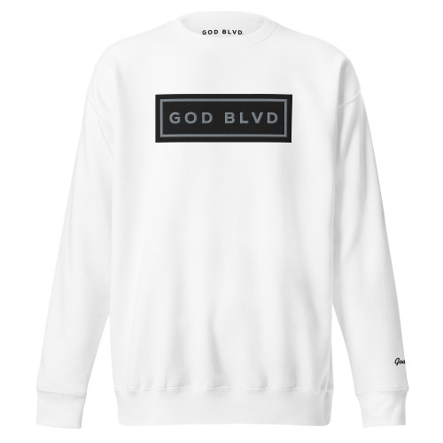 GOD BLVD - Black/Grey Embroidered Sign - White Premium Sweatshirt