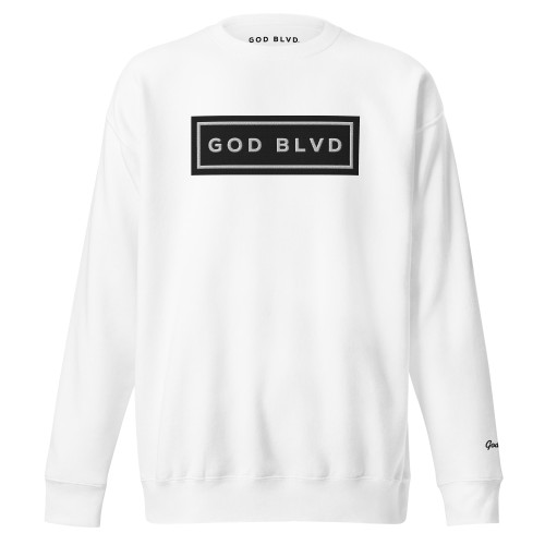 GOD BLVD - Black/White Embroidered Sign - White Premium Sweatshirt