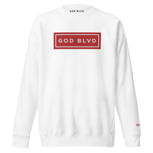 GOD BLVD - Red/White Embroidered Sign - White Premium Sweatshirt