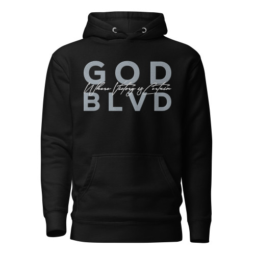 GOD BLVD - OG Logo - Where Victory is Certain - Black Premium Hoodie - Grey/White Gold Embroidered