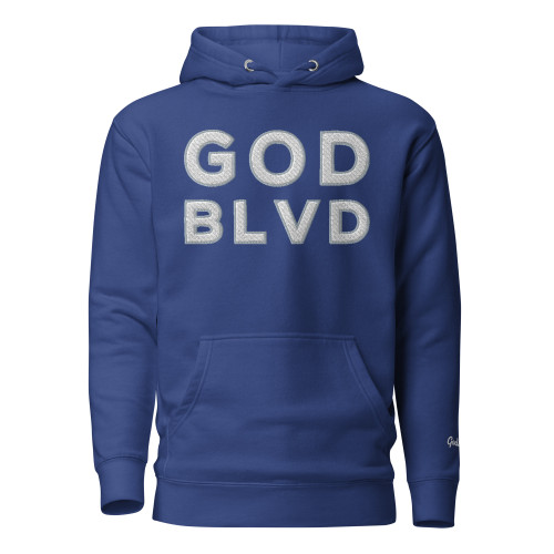 GOD BLVD - Embroidered OG Logo - Blue Premium Hoodie (White/Grey) 