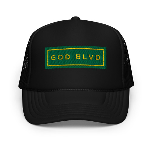 GOD BLVD - Black Foam Trucker Hat - Kelly Green/Gold Sign