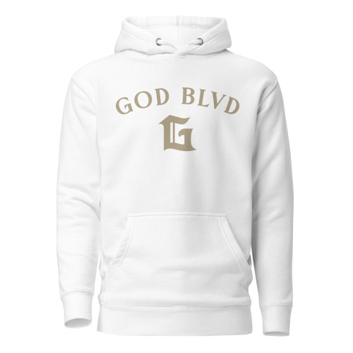 GOD BLVD -  Arched with Capital G - White Premium Hoodie - Tan Print