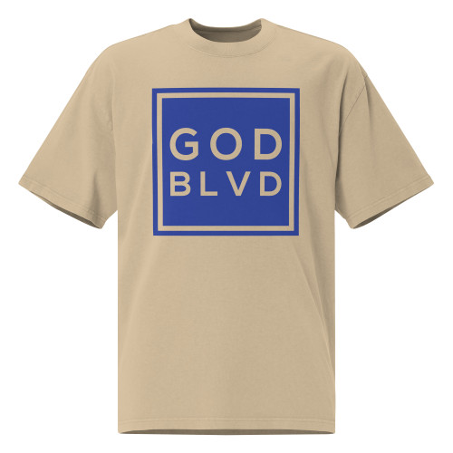 GOD BLVD - OG Logo Sign - Oversized Faded Tee - Faded Khaki - Blue Print