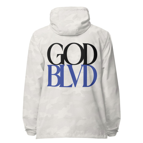 GOD BLVD - Secondary Logo - Black Lightweight Zip Up Windbreaker - Front/Back Black-Blue Print